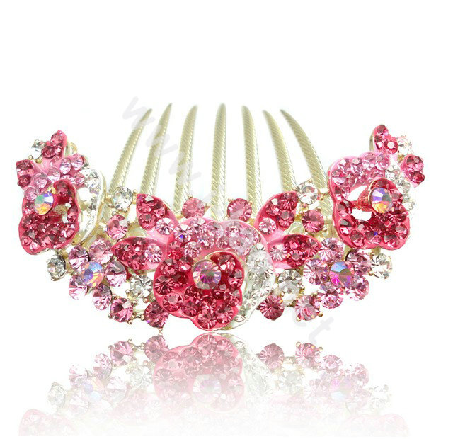 Hair Accessories Alloy Crystal Rhinestone Flower Bride Hair Combs Clip - Pink