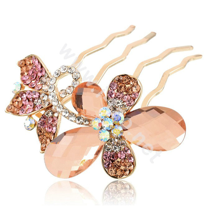 Hair Accessories Alloy Rhinestone Crystal Butterfly Hair Pin Clip Fork Combs - Champagne