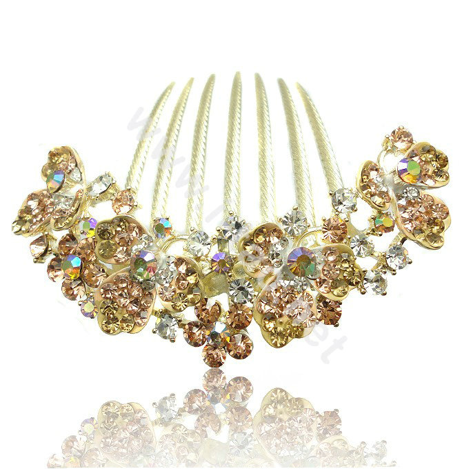 Hair Accessories Alloy Rhinestone Crystal Flower Bride Hair Combs Clip - Champagne