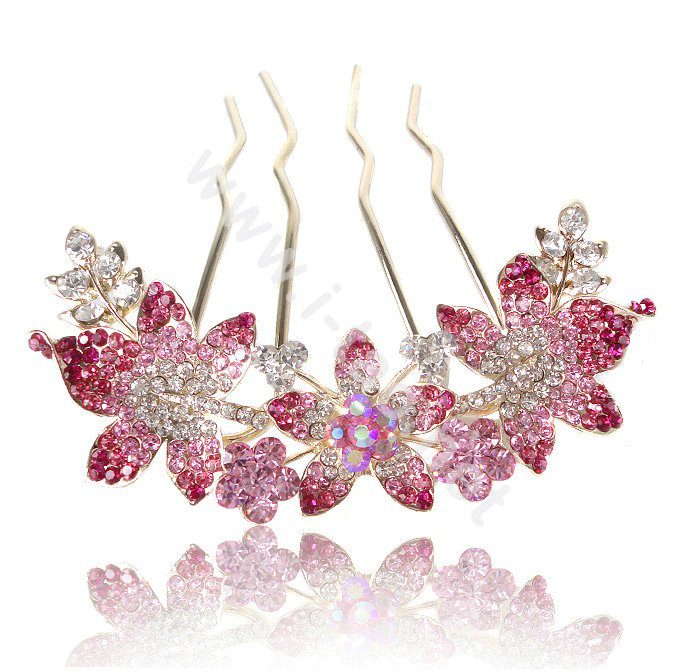 Hair Accessories Alloy Rhinestone Crystal Flower Hair Pin Clip Fork Combs - Pink