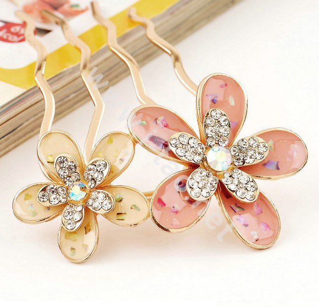 Hair Accessories Crystal Rhinestone Alloy Flower Hair Pin Clip Fork Combs - Pink