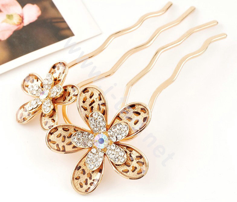 Hair Accessories Crystal Rhinestone Alloy Leopard Flower Hair Pin Clip Fork Combs - Brown