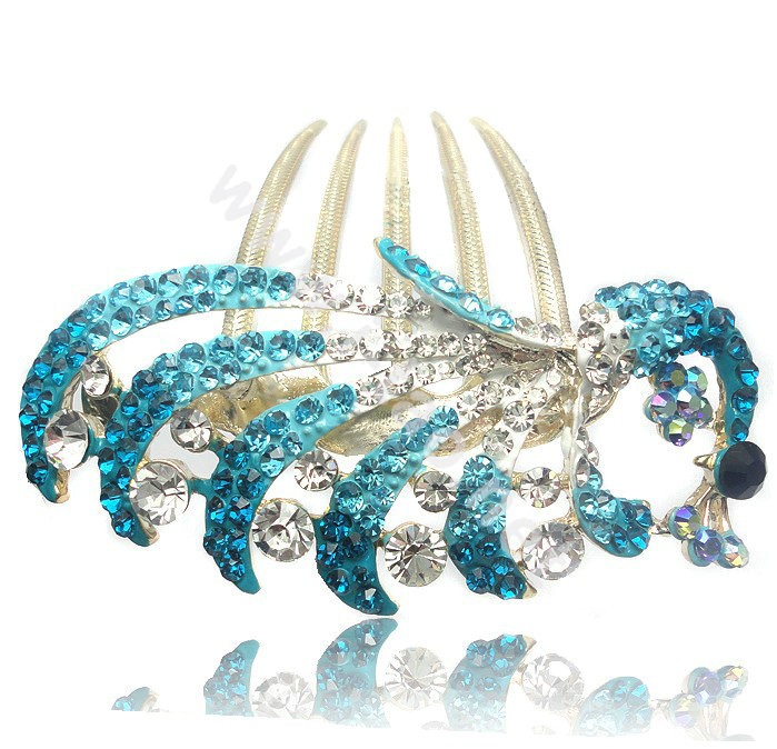 Hair Accessories Crystal Rhinestone Alloy Peacock Hair Pin Clip Combs - Blue