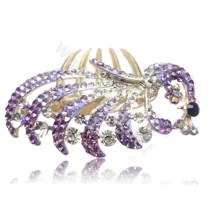 Hair Accessories Crystal Rhinestone Alloy Peacock Hair Pin Clip Combs - Purple