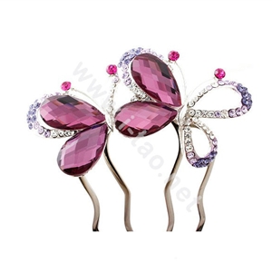 Hair Accessories Crystal Rhinestone Butterfly Hair Pin Clip Fork Combs - Purple