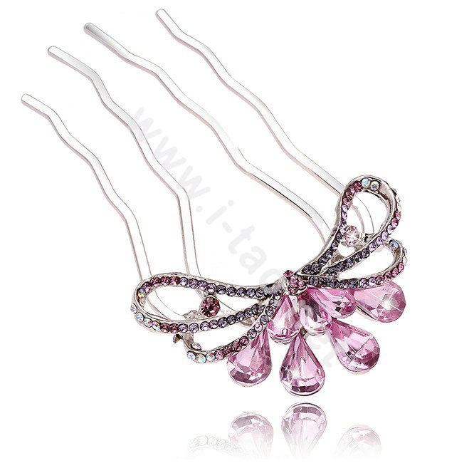 Hair Accessories Crystal Rhinestone Flower Alloy Hair Pin Clip Fork Combs - Pink