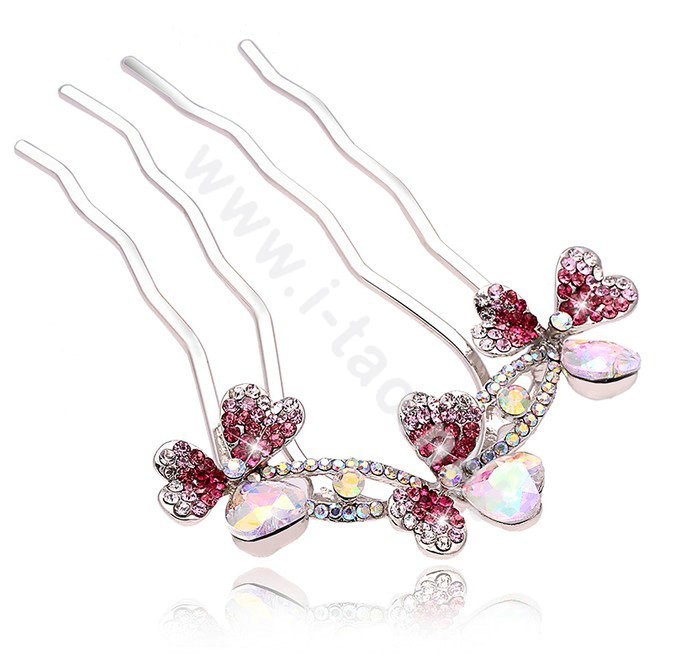 Hair Accessories Crystal Rhinestone Flower Metal Hair Pin Clip Fork Combs - Pink
