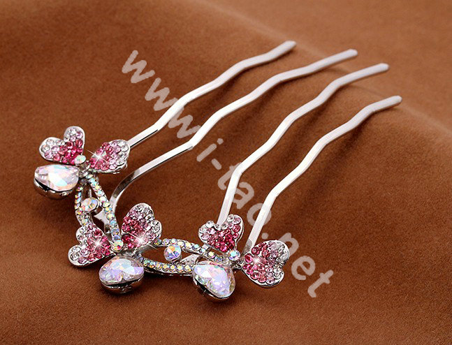 Hair Accessories Crystal Rhinestone Flower Metal Hair Pin Clip Fork Combs - Pink