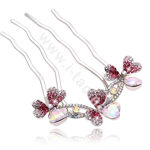 Hair Accessories Crystal Rhinestone Flower Metal Hair Pin Clip Fork Combs - Pink