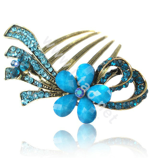 Hair Accessories Retro Flower Rhinestone Crystal Alloy Hair Combs Clip - Blue