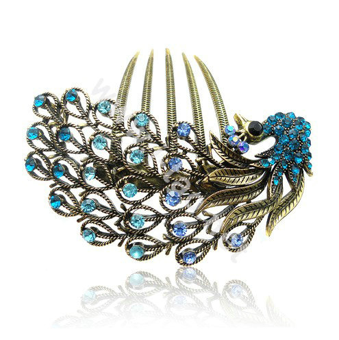 Hair Accessories Rhinestone Crystal Antique Peacock Alloy Hair Clip Combs - Blue
