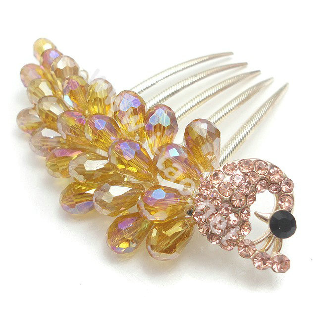 Hair Accessories Rhinestone Crystal Beads Peacock Alloy Hair Clip Combs - Champagne