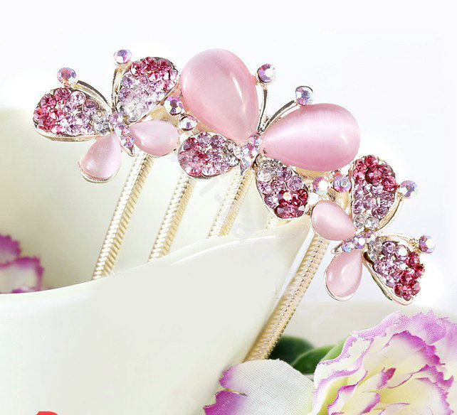 Hair Accessories Rhinestone Crystal Butterfly Alloy Hair Clip Combs - Pink