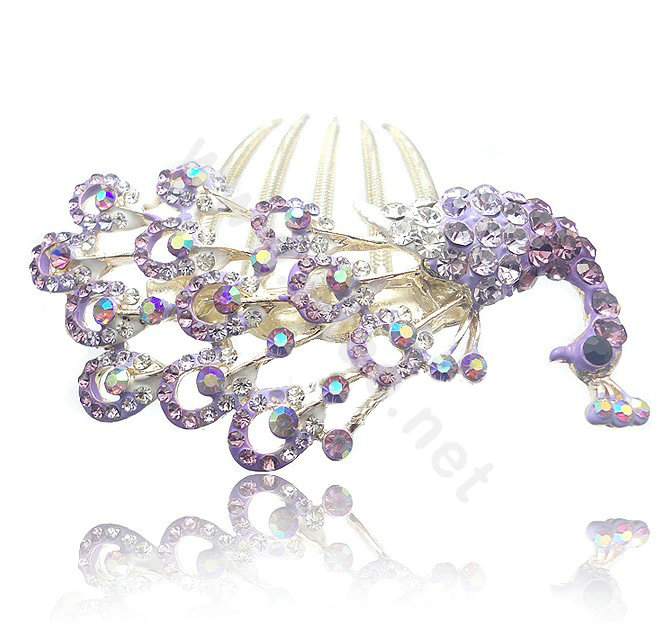 Hair Accessories Rhinestone Crystal Peacock Alloy Hair Combs Clip - Purple