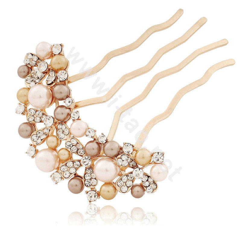 Hair Accessories Rhinestone Crystal Pearl Bridal Combs Hair Pin Clip Fork - Coffee