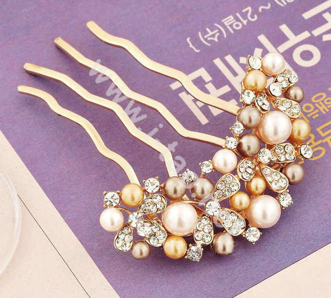 Hair Accessories Rhinestone Crystal Pearl Bridal Combs Hair Pin Clip Fork - Coffee