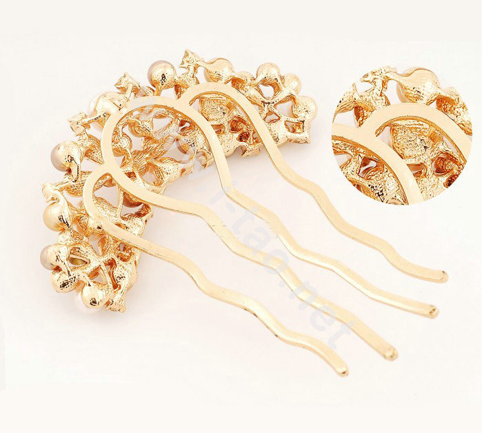 Hair Accessories Rhinestone Crystal Pearl Bridal Combs Hair Pin Clip Fork - Coffee