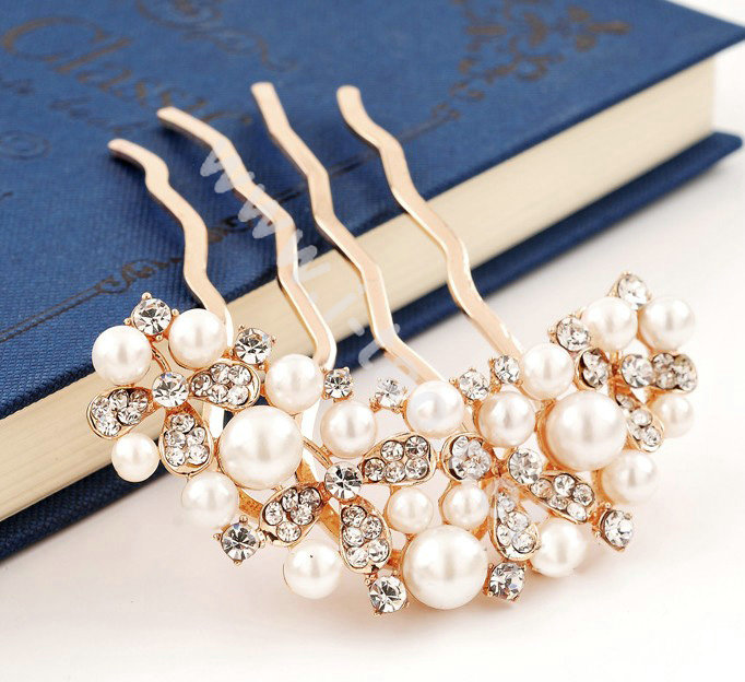 Hair Accessories Rhinestone Crystal Pearl Bridal Combs Hair Pin Clip Fork - White