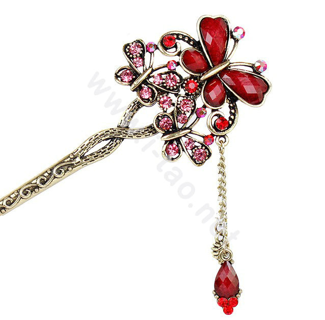 Retro Tassel Crystal Rhinestone Butterfly Hairpin Hair Clasp Clip Fork Stick - Red