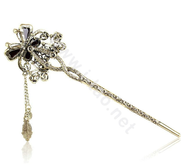 Retro Tassel Crystal Rhinestone Butterfly Hairpin Hair Clasp Clip Fork Stick - Red