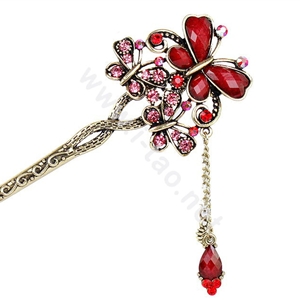 Retro Tassel Crystal Rhinestone Butterfly Hairpin Hair Clasp Clip Fork Stick - Red