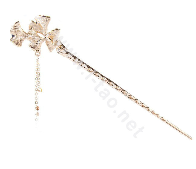 Retro Tassel Crystal Rhinestone Flower Hairpin Hair Clasp Clip Fork Stick - Blue