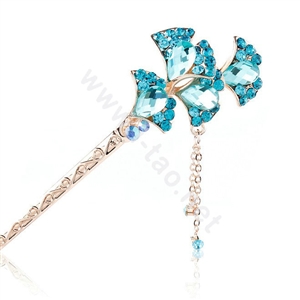 Retro Tassel Crystal Rhinestone Flower Hairpin Hair Clasp Clip Fork Stick - Blue