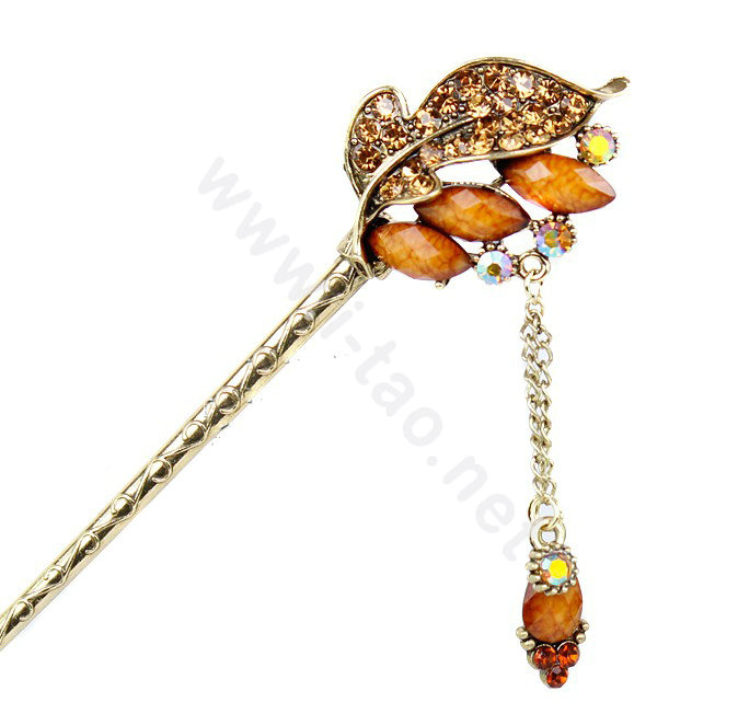 Retro Tassel Crystal Rhinestone Leaf Hairpin Hair Clasp Clip Fork Stick - Coffee