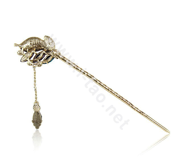 Retro Tassel Crystal Rhinestone Leaf Hairpin Hair Clasp Clip Fork Stick - Coffee