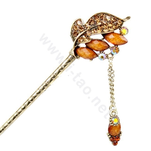 Retro Tassel Crystal Rhinestone Leaf Hairpin Hair Clasp Clip Fork Stick - Coffee