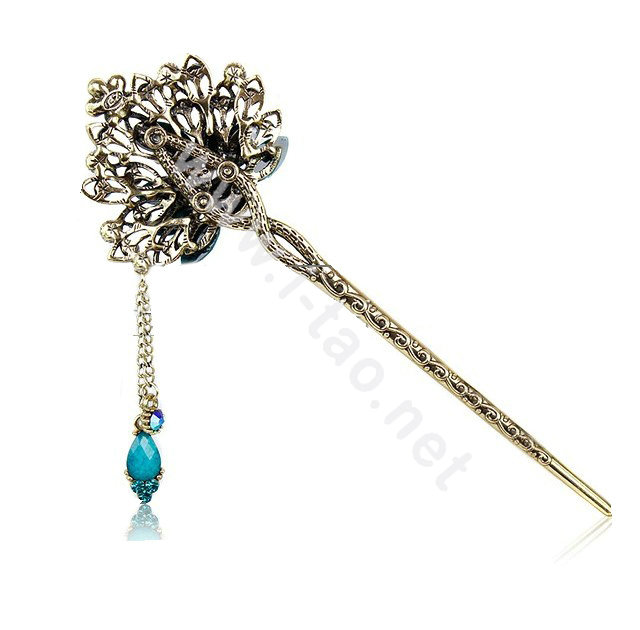 Retro Tassel Crystal Rhinestone Peacock Hairpin Hair Clasp Clip Fork Stick - Coffee