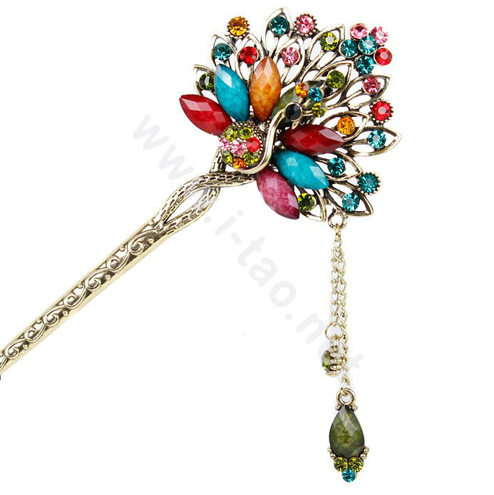 Retro Tassel Crystal Rhinestone Peacock Hairpin Hair Clasp Clip Fork Stick - Multicolor