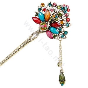 Retro Tassel Crystal Rhinestone Peacock Hairpin Hair Clasp Clip Fork Stick - Multicolor