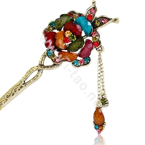 Retro Tassel Rhinestone Crystal Flower Hairpin Hair Clasp Clip Fork Stick - Multicolor