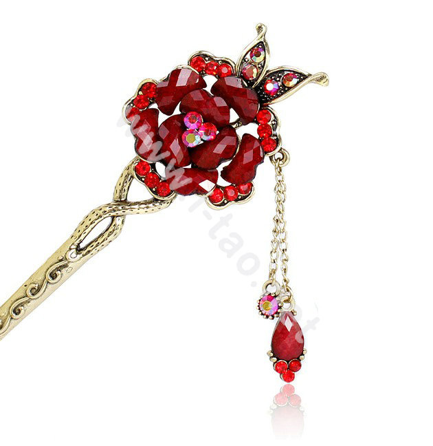 Retro Tassel Rhinestone Crystal Flower Hairpin Hair Clasp Clip Fork Stick - Red