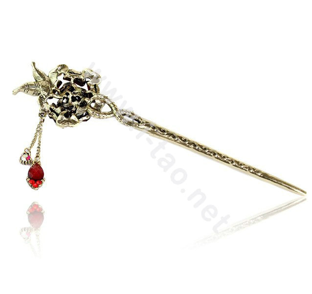 Retro Tassel Rhinestone Crystal Flower Hairpin Hair Clasp Clip Fork Stick - Red