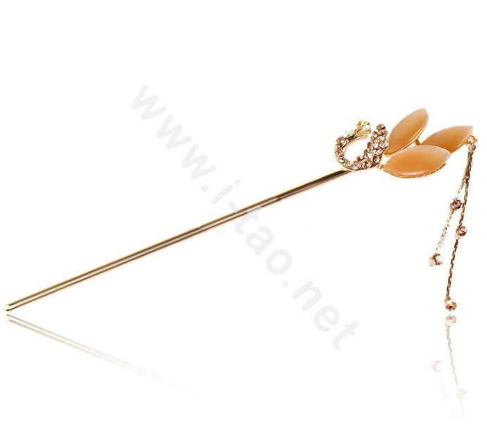 Retro Tassel Rhinestone Crystal Peacock Hairpin Hair Clasp Clip Fork Stick - Champagne
