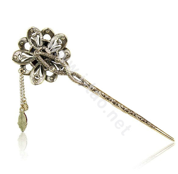 Retro Tassel Rhinestone Crystals Flower Hairpin Hair Clasp Clip Fork Stick - Multicolor