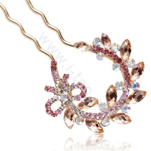 U Shape HairPin Rhinestone Crystal Flower Hair Clip Comb Fork Stick - Pink