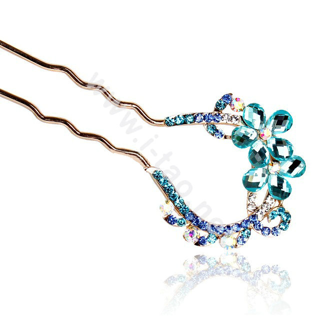 U Shape HairPin Rhinestone Crystal Flower Hair Comb Clip Fork Stick - Blue