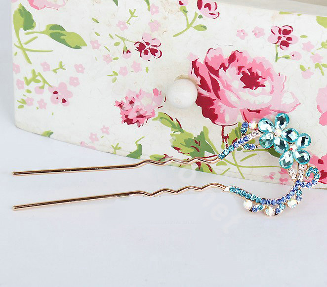U Shape HairPin Rhinestone Crystal Flower Hair Comb Clip Fork Stick - Blue