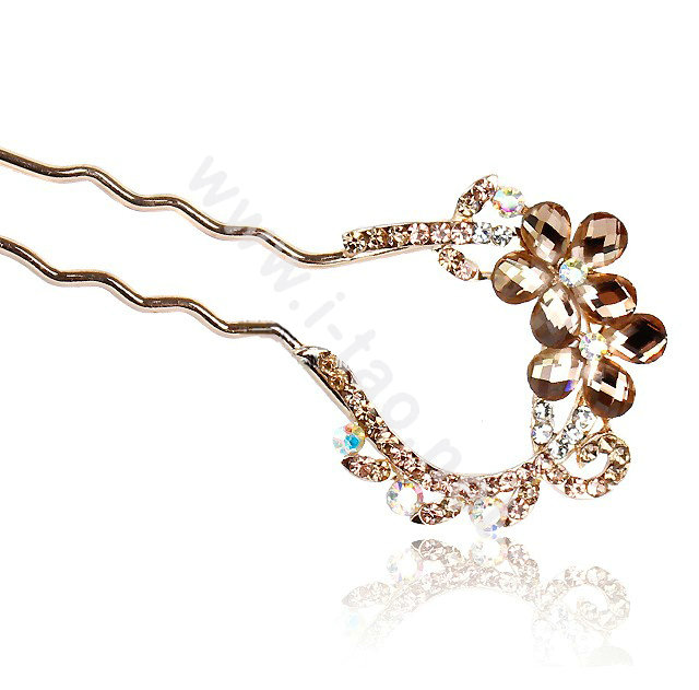 U Shape HairPin Rhinestone Crystal Flower Hair Comb Clip Fork Stick - Champagne