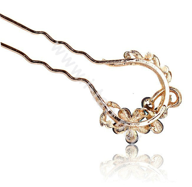 U Shape HairPin Rhinestone Crystal Flower Hair Comb Clip Fork Stick - Champagne