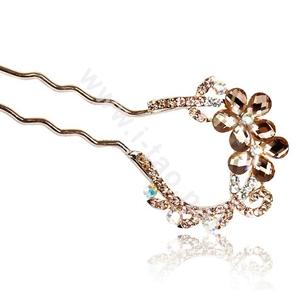 U Shape HairPin Rhinestone Crystal Flower Hair Comb Clip Fork Stick - Champagne