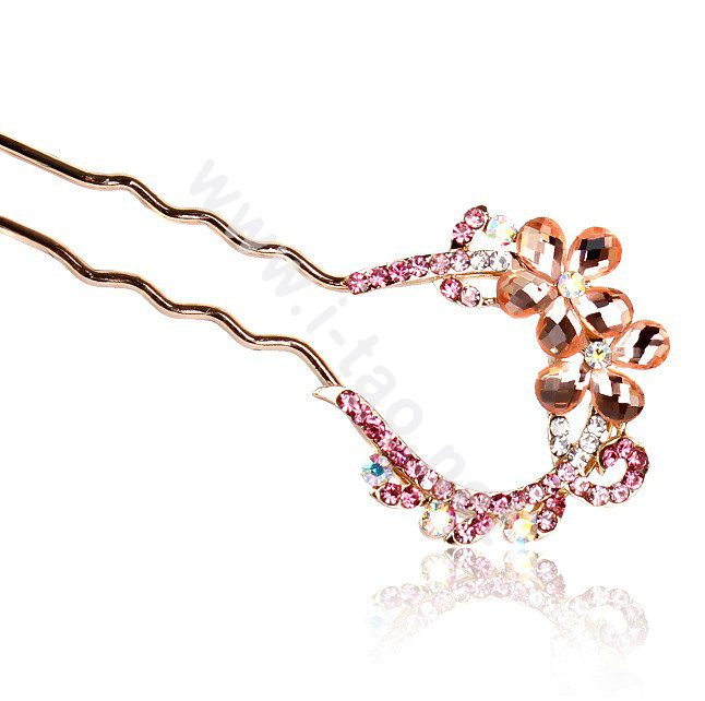 U Shape HairPin Rhinestone Crystal Flower Hair Comb Clip Fork Stick - Pink