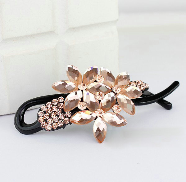 Crystal Rhinestone Flower Twist Hair Clip Slide Clamp Hair Accessories - Champagne