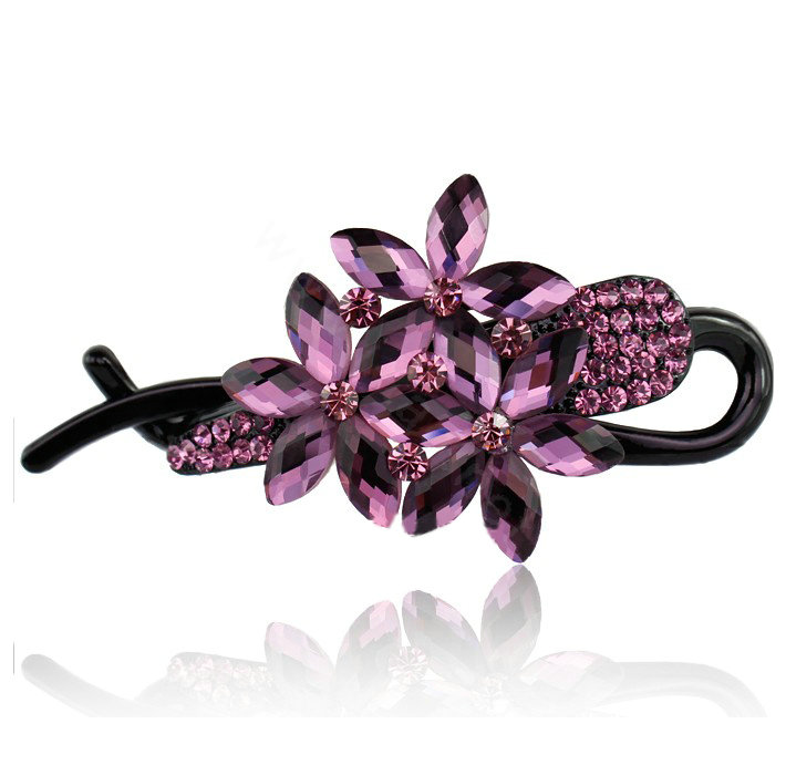 Crystal Rhinestone Flower Twist Hair Clip Slide Clamp Hair Accessories - Purple