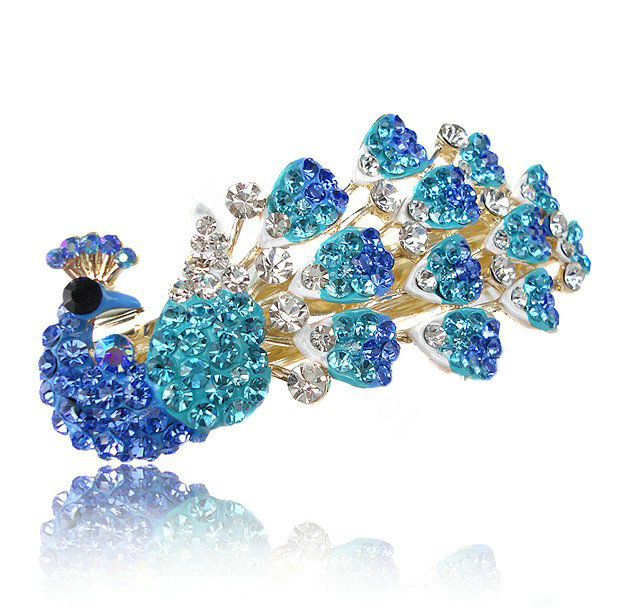 Crystal Rhinestone Peacock Hair Barrette Clip Metal Hair Slide - Blue