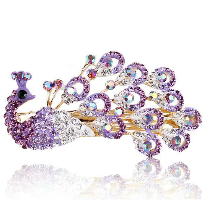 Rhinestone Crystal Peacock Hair Barrette Clip Metal Hair Slide - Purple