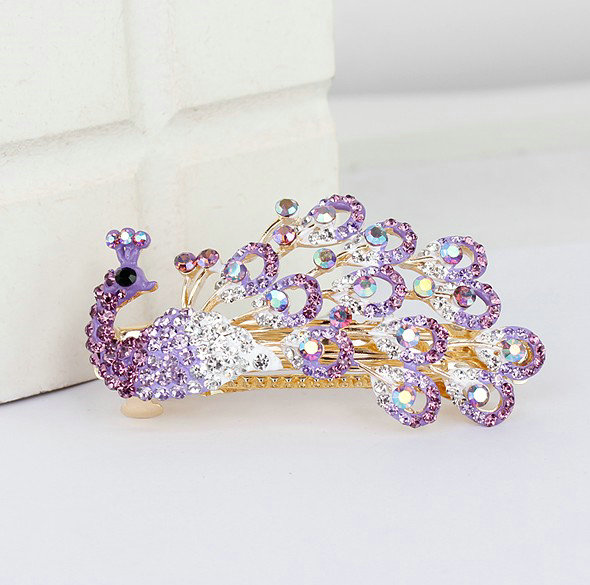 Rhinestone Crystal Peacock Hair Barrette Clip Metal Hair Slide - Purple